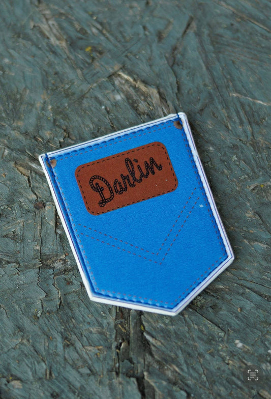 "Darlin" Leather Phone Wallet Pocket | Stick-On Card Holder, Blue Shield Badge Design
