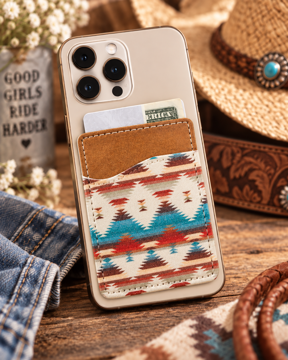 Aztec Print Phone Wallet Pocket | Stick-On Card Holder, Boho Southwestern Design