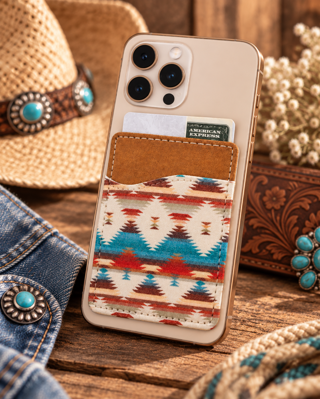 Aztec Print Phone Wallet Pocket | Stick-On Card Holder, Boho Southwestern Design