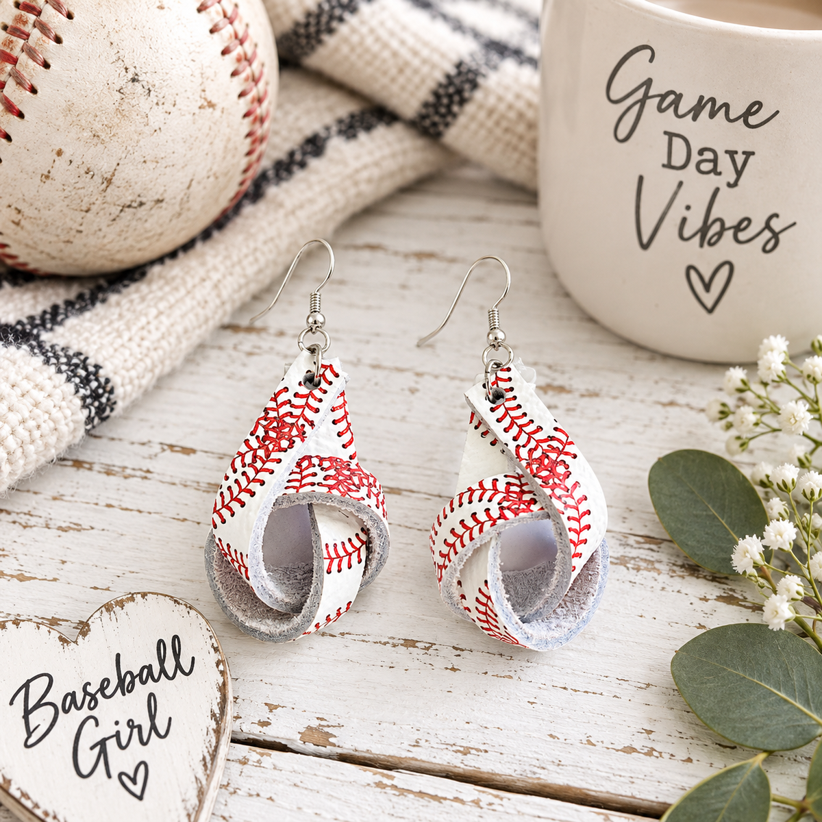 Baseball Stitch Knot Earrings- Sports Fan Leather Earrings