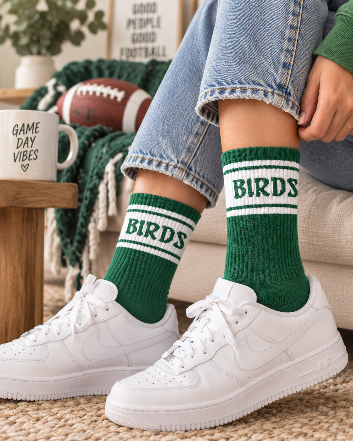 Green "Birds" Game Day Socks | Eagles Fan Crew Socks, Unisex Youth & Adult