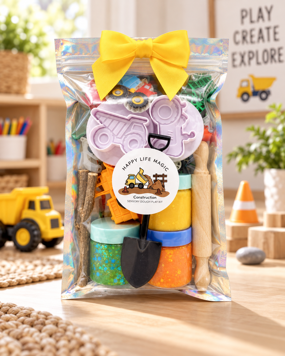 Toddler Trucks Play Dough Kit – Construction Sensory Play Pouch with Big Pieces