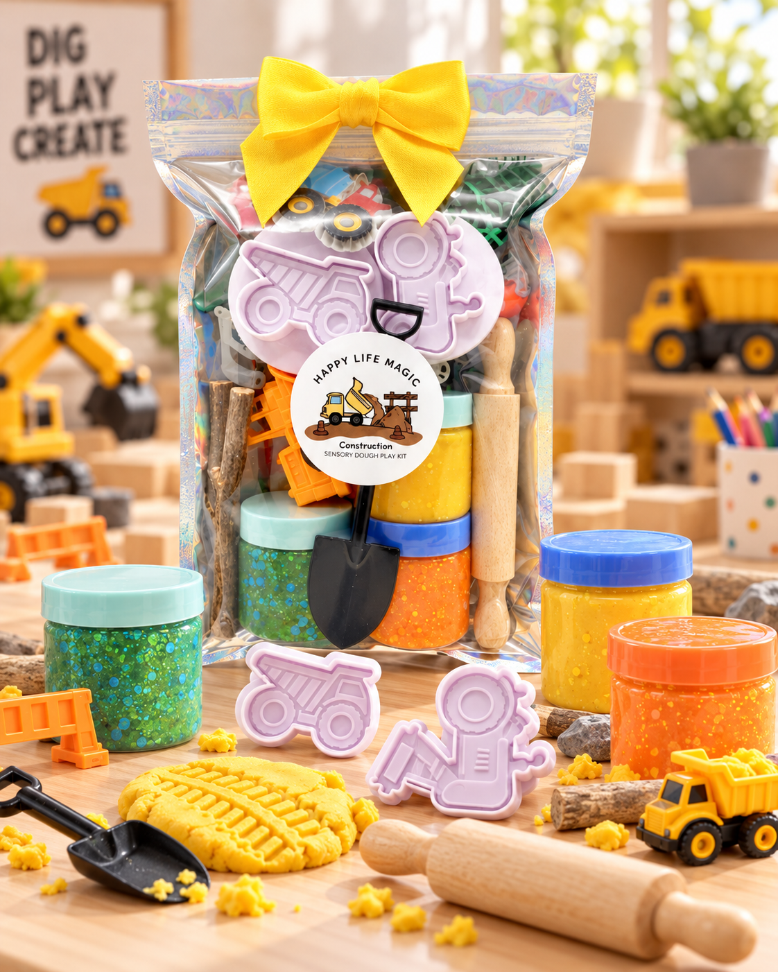 Toddler Trucks Play Dough Kit – Construction Sensory Play Pouch with Big Pieces