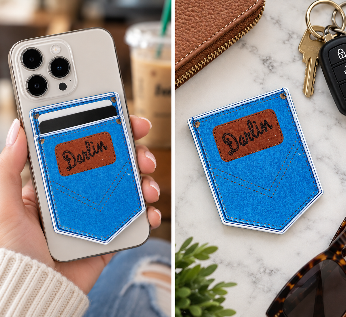 "Darlin" Leather Phone Wallet Pocket | Stick-On Card Holder, Blue Shield Badge Design