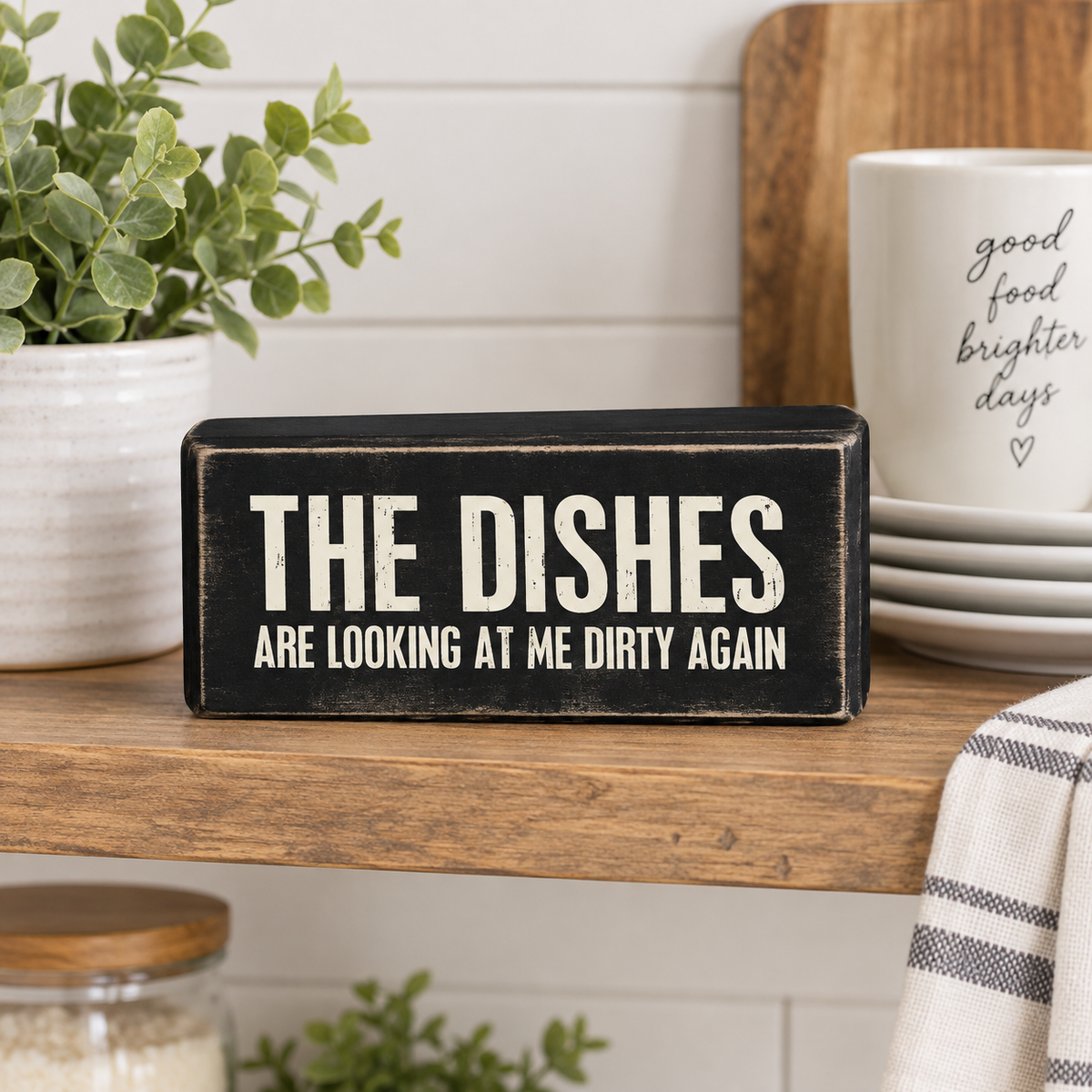 "The Dishes Are Looking at Me Dirty Again" Funny Box Sign