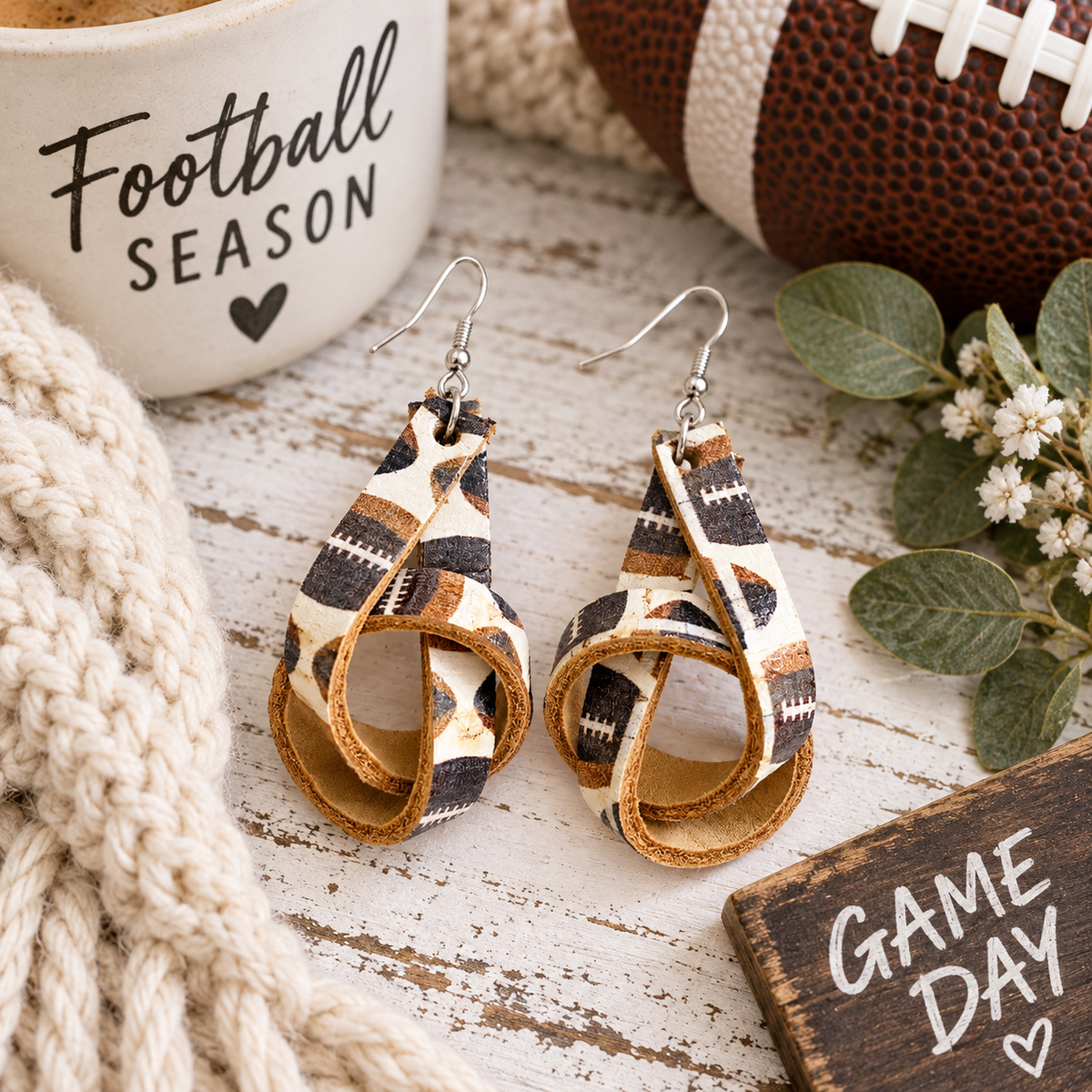 Football Print Knot Leather Earrings- Game Day Earrings