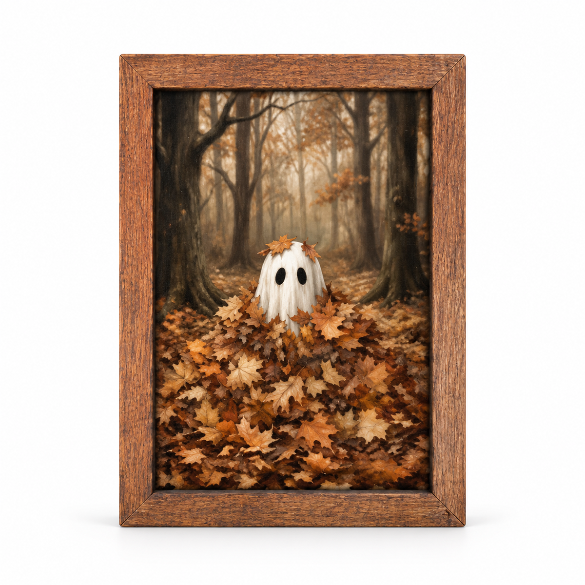 Ghost in the Leaves Wood Block Sign, 4x6 Halloween Decor
