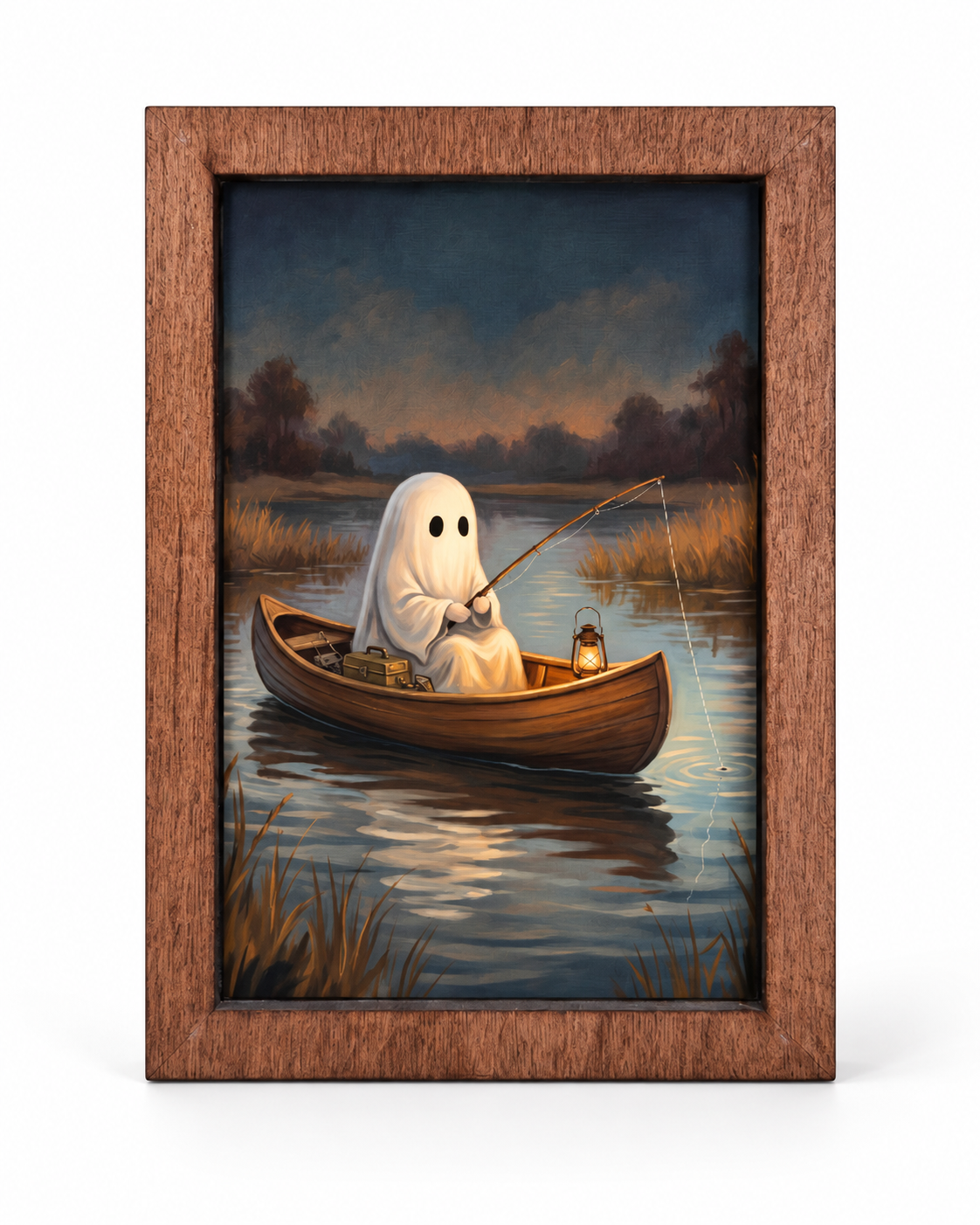 Ghost in Canoe Wood Block Sign | 4x6 Fall Halloween Photo Art, Solid Maple Frame, Made in USA