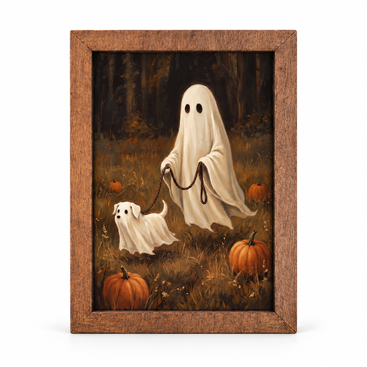 Ghost Walking a Ghost Dog Wood Block Sign – 4x6 Halloween Decor