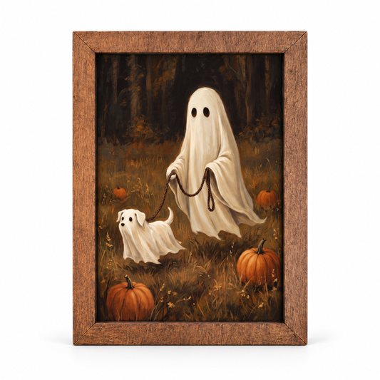 Ghost Walking a Ghost Dog Wood Block Sign – 4x6 Halloween Decor