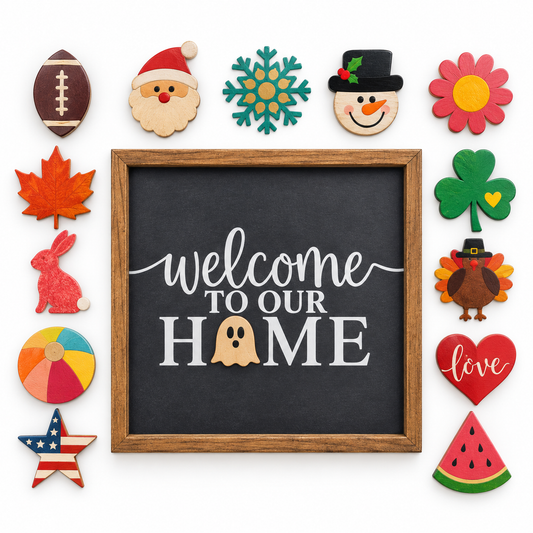 Year-Round Interchangeable Welcome Sign | Magnetic Seasonal Front Door Sign, 14 Icon Set, Solid Wood