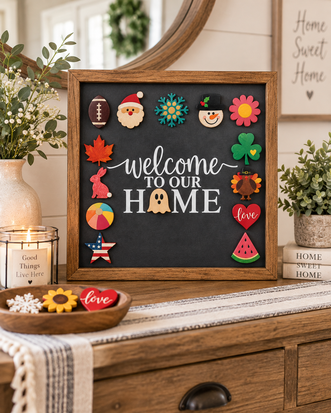 Year-Round Interchangeable Welcome Sign | Magnetic Seasonal Front Door Sign, 14 Icon Set, Solid Wood