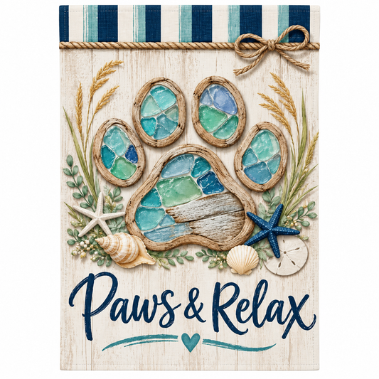 Paws & Relax Coastal Garden Flag – 12x18 Paw Print Beach Yard Flag