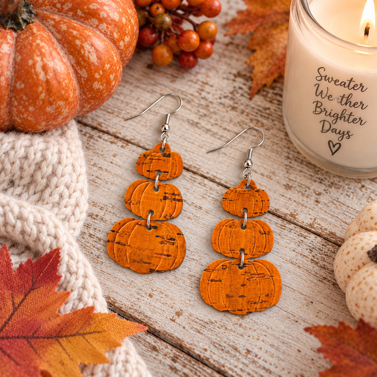 Orange Stacked Pumpkin Cork Earrings – Fall Statement Earrings