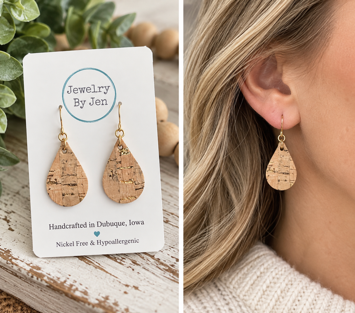Cork Teardrop Earrings with Gold Accents – Small