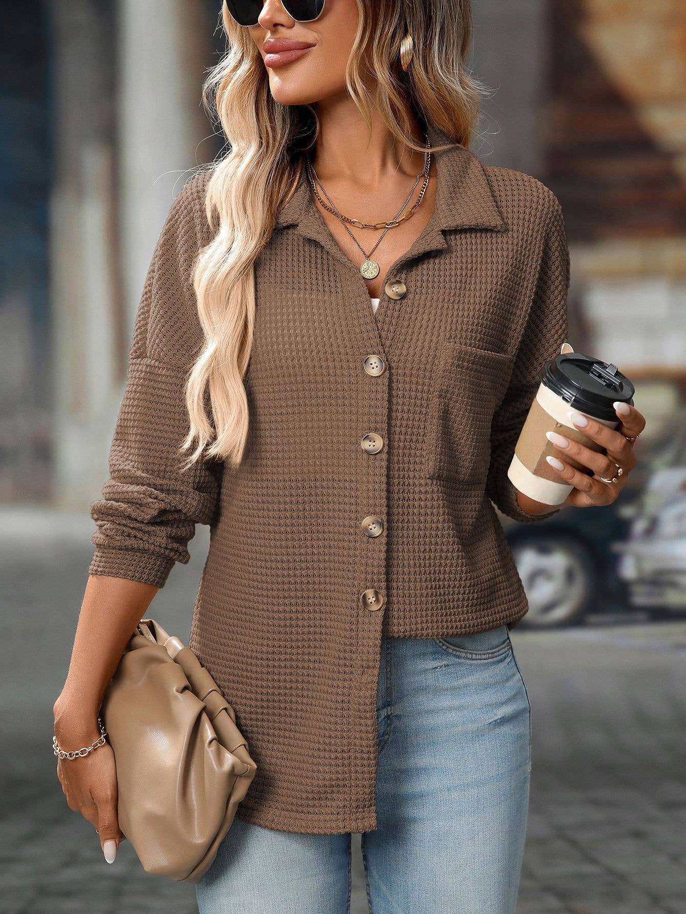 Waffle Knit Button-Up Shirt