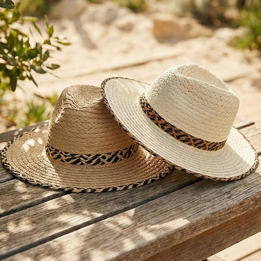 Straw Fedora Hat With Two Tones Geometric Woven Band And Mat