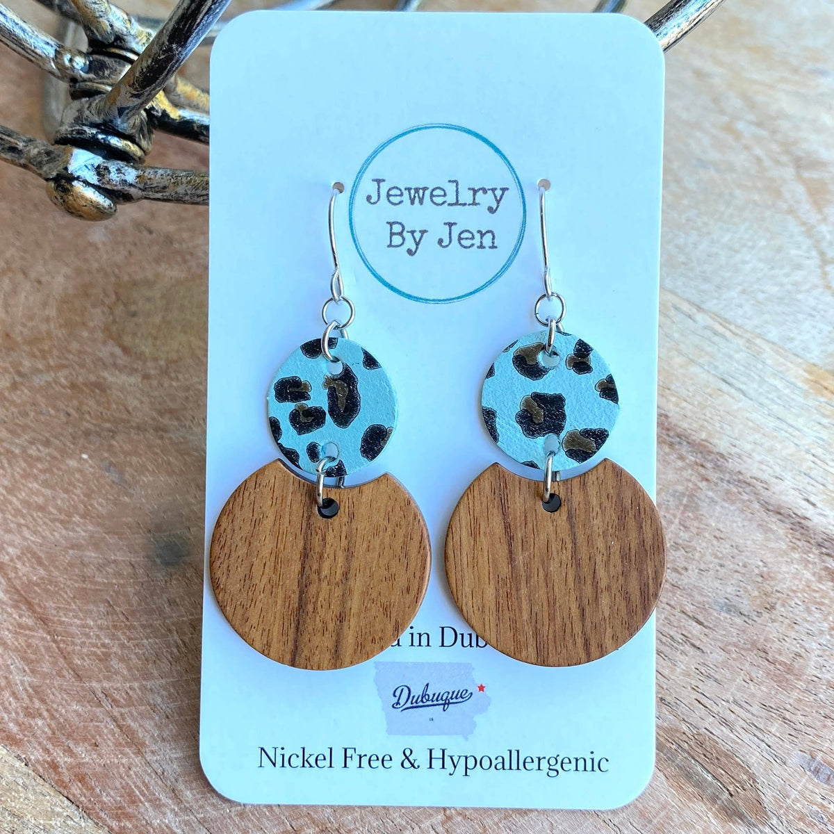 Round Wood & Turquoise Leopard Earrings