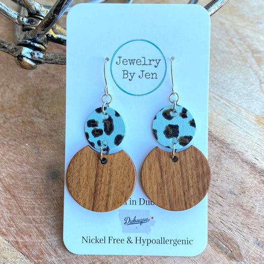 Turquoise Leopard Print Earrings | Wood & Leather Dangle Earrings, Hypoallergenic Stainless Steel
