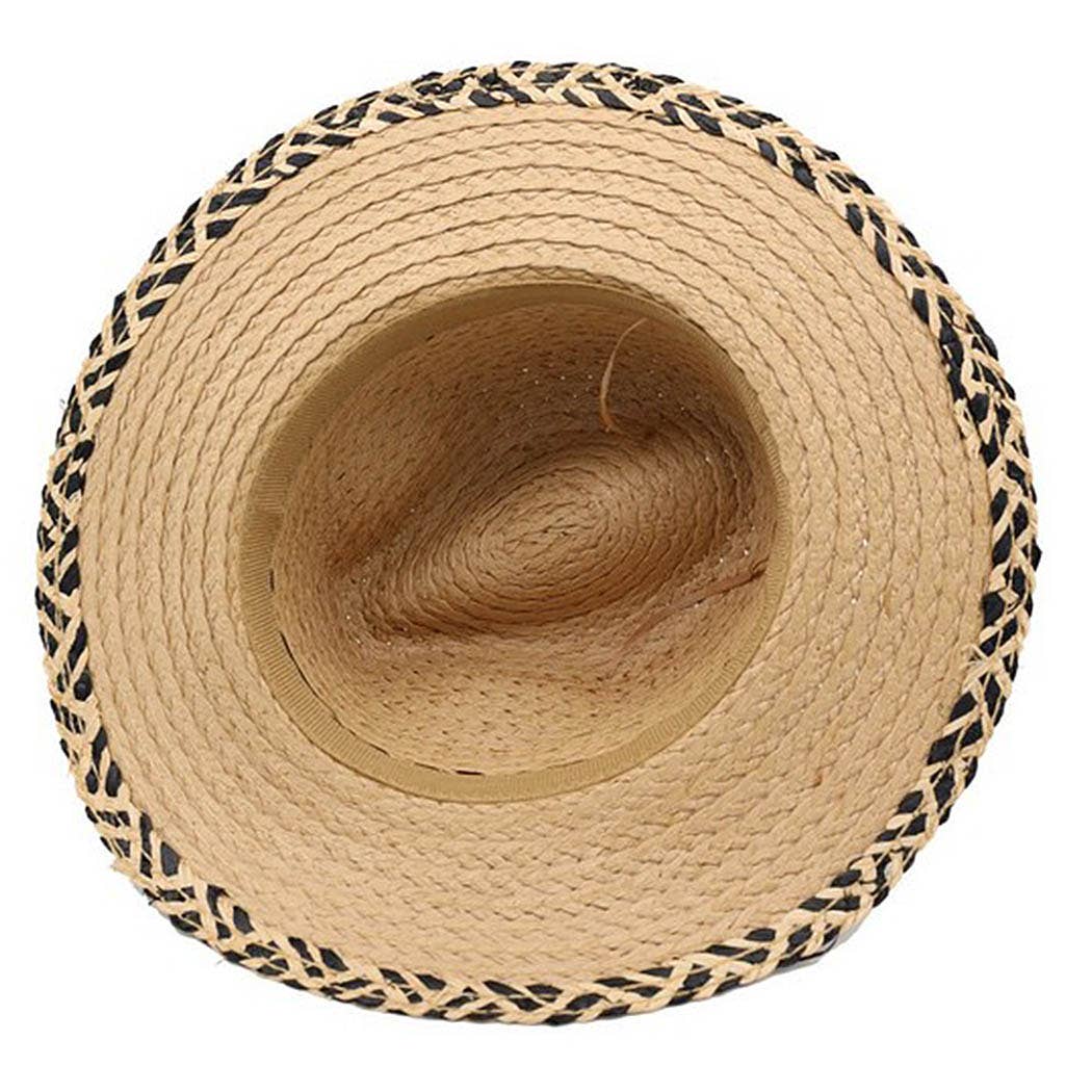 Straw Fedora Hat With Two Tones Geometric Woven Band And Mat