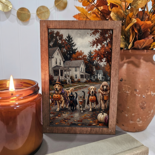 4x6 Wood Block Sign Art- Dog Cat Trick or Treat Halloween