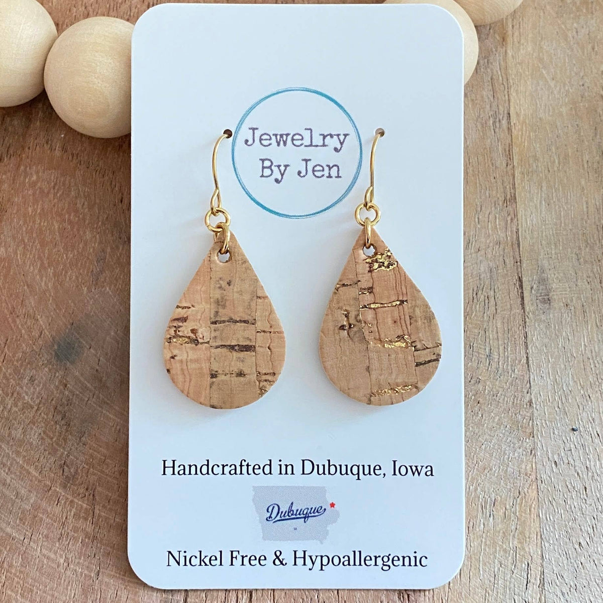 Cork Teardrop Earrings with Gold Accents – Small