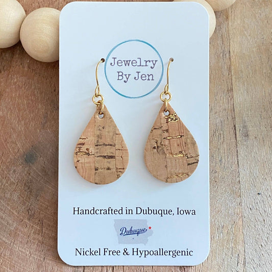Cork Teardrop Earrings with Gold Accents – Small