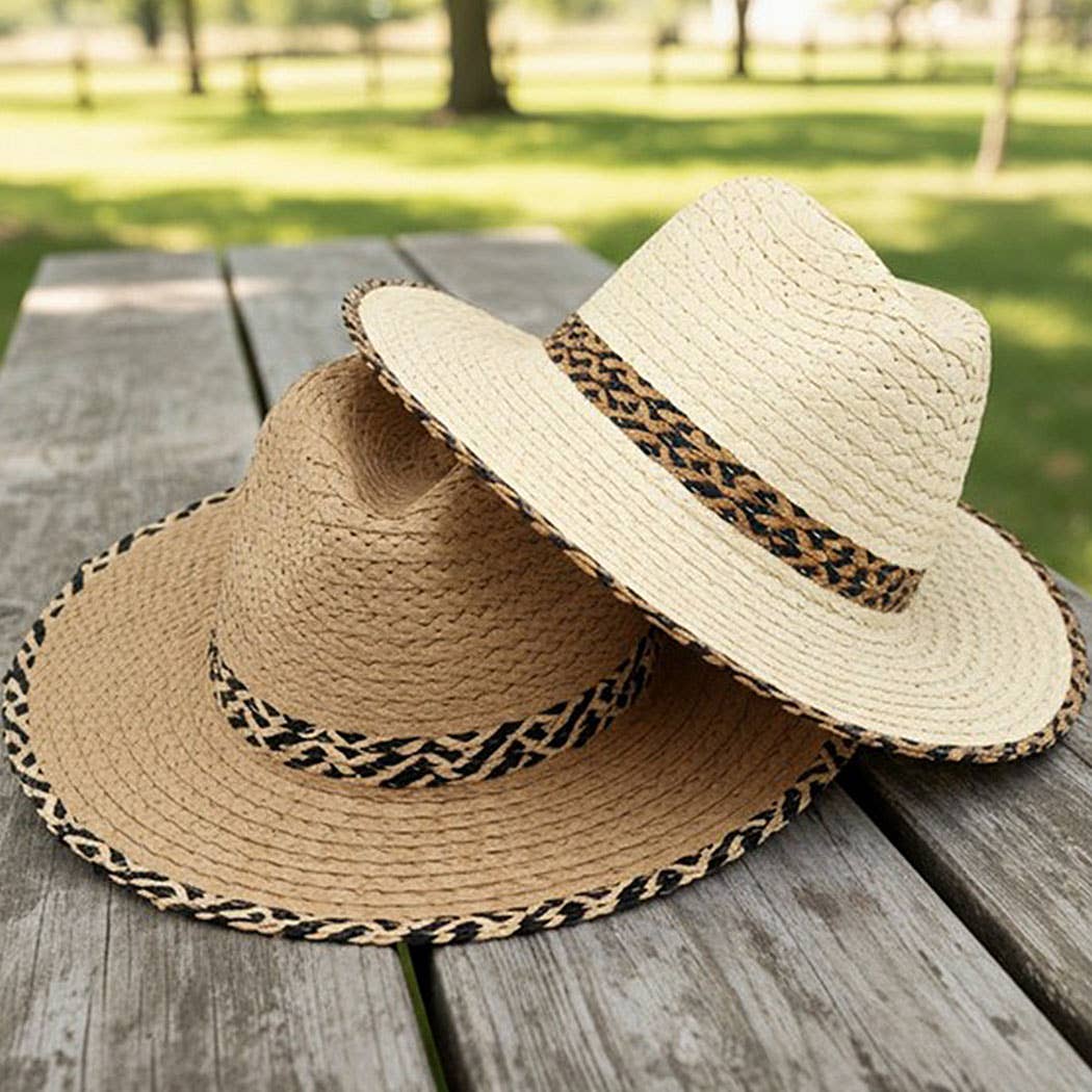 Straw Fedora Hat With Two Tones Geometric Woven Band And Mat