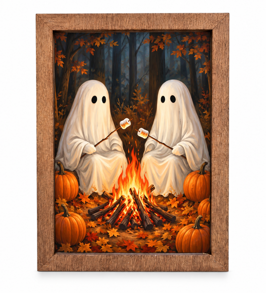 Ghosts by Campfire Wood Block Sign | 4x6 Spoopy Fall Halloween Photo Art, Solid Maple Frame, Made in USA