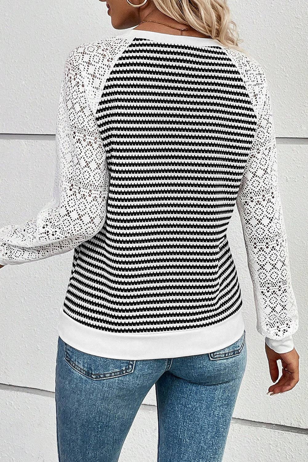 Stripe Textured Knit Contrast Hollowed Lace Patchwork Long Sleeve Top