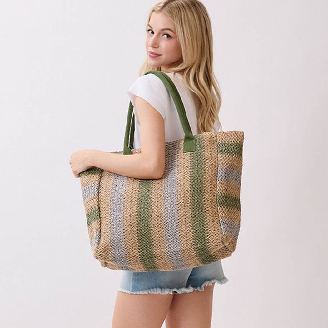 Natural Brown Multi Color Stripe Straw Tote Bag