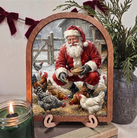 Arch Framed Art - Farmhouse Santa Chickens Christmas