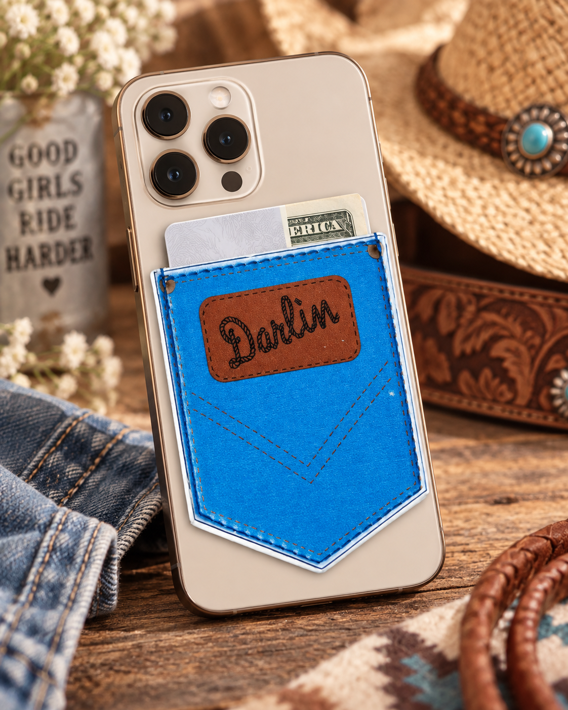 "Darlin" Leather Phone Wallet Pocket | Stick-On Card Holder, Blue Shield Badge Design