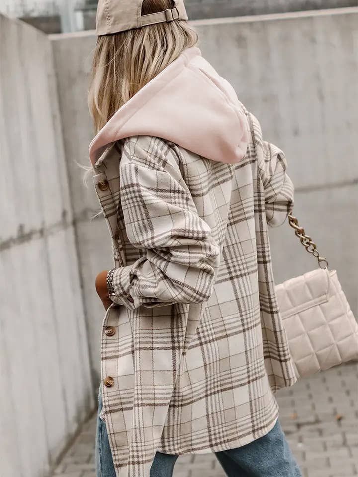 Khaki Plaid Shirt emovable Hood Buttoned Shacket