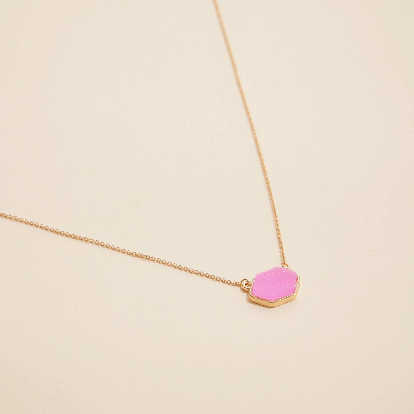 Hexagon Druzy Stone Charm Short Necklace