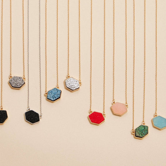 Hexagon Druzy Stone Charm Short Necklace