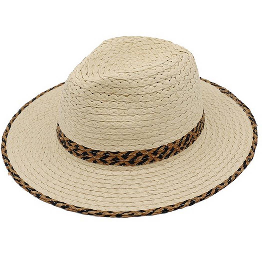 Straw Fedora Hat With Two Tones Geometric Woven Band And Mat