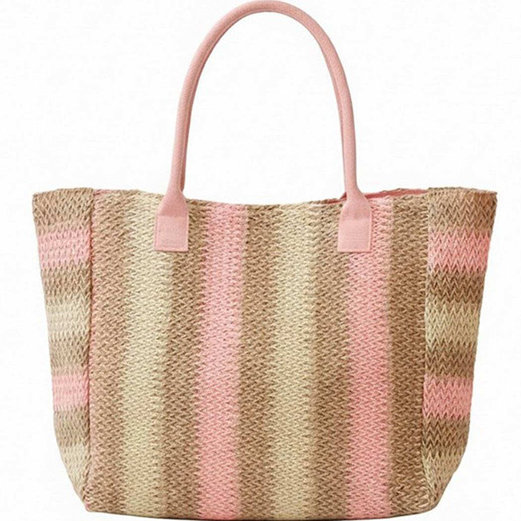 Natural Brown Multi Color Stripe Straw Tote Bag