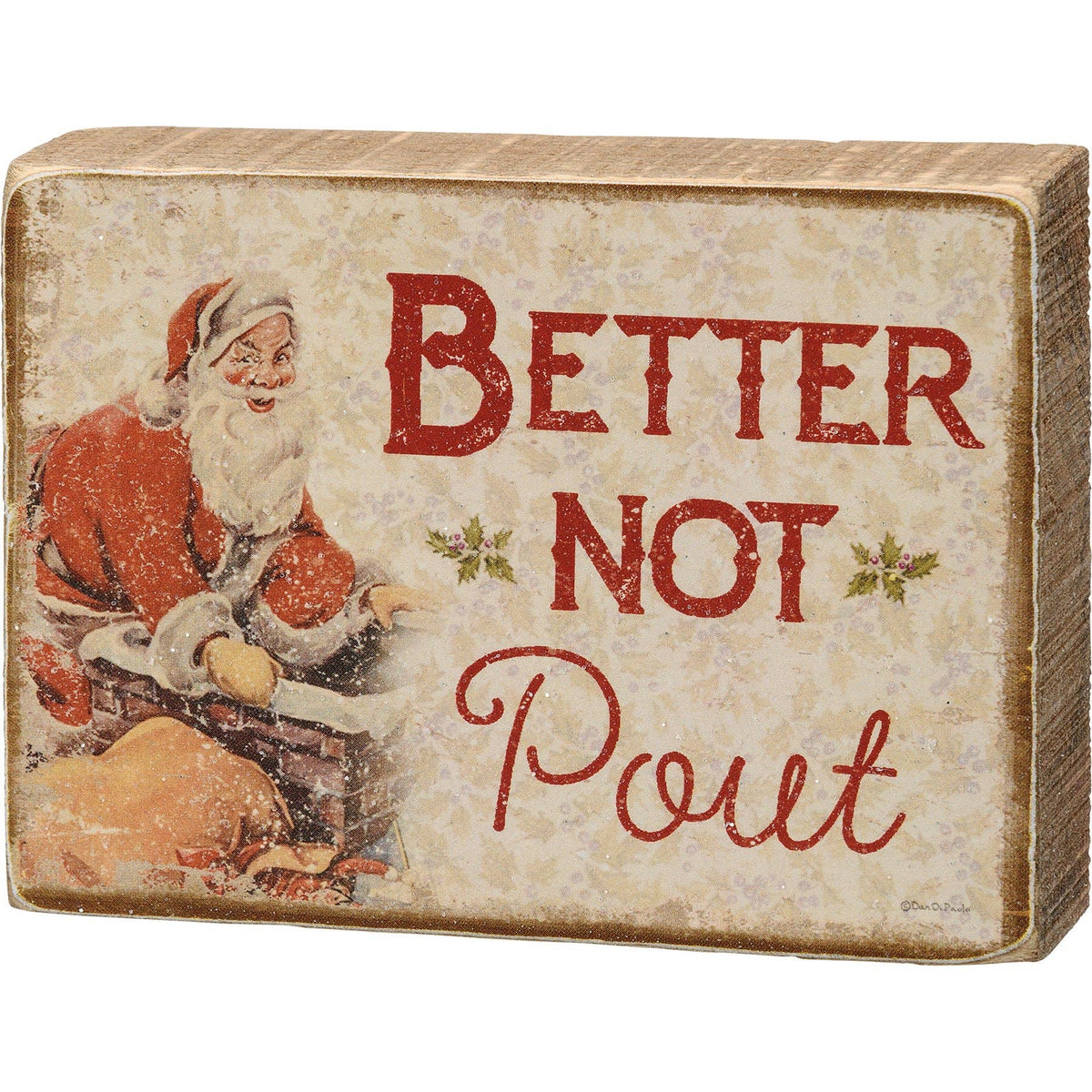 Better Not Pout Mini Block Sign – 2" x 3" Vintage Santa Christmas Decor
