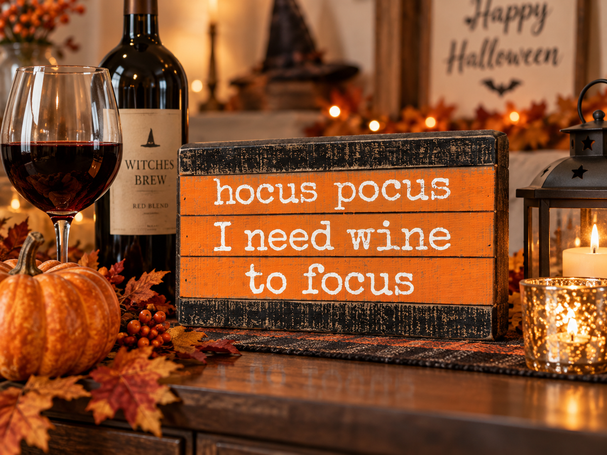 Hocus Pocus I Need Wine to Focus Sign — Funny Halloween Wood Sign, Wine Lover Gift