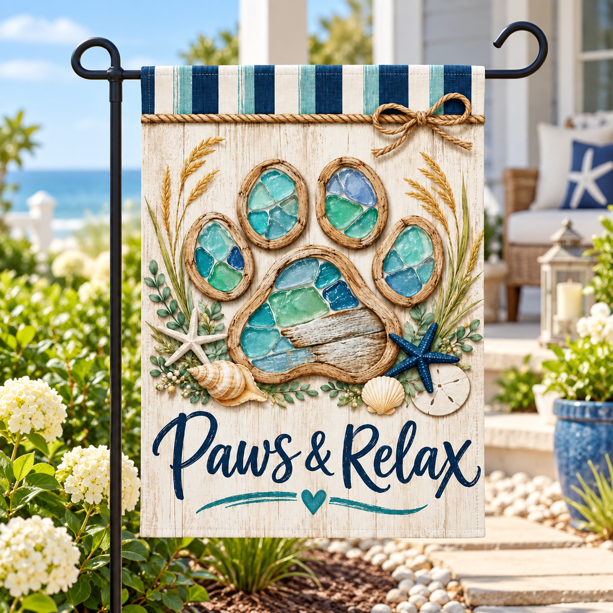 Paws & Relax Coastal Garden Flag – 12x18 Paw Print Beach Yard Flag